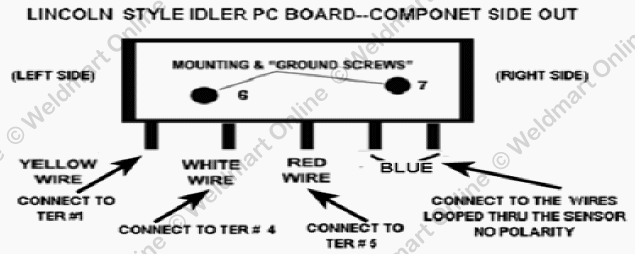 diagram of the PC board lead connections for installing the Lincoln SA-250 idler upgrade PC board